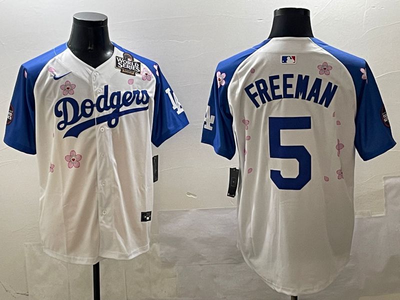 Men Los Angeles Dodgers 5 Freeman White Blue Sakura Edition 2025 Nike MLB Jersey style 3